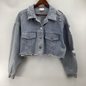 Entro Oversized Frayed Distressed Denim Cropped Jacket